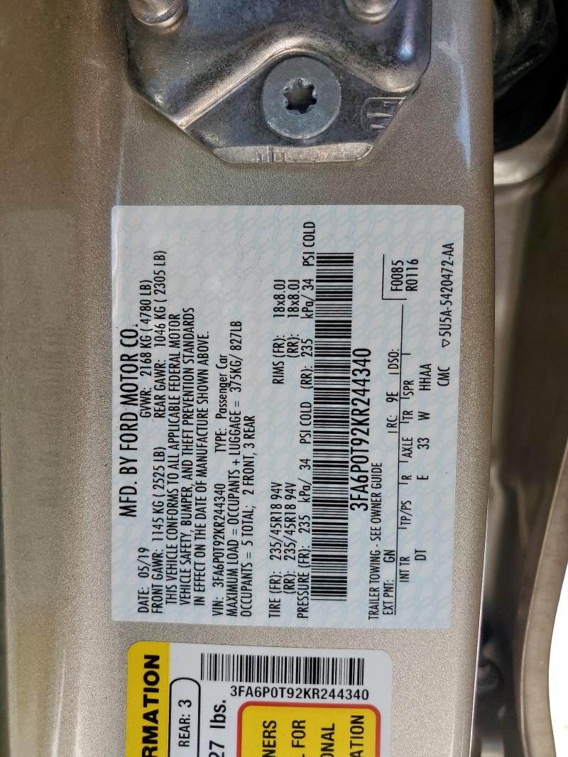 2019 FORD FUSION SE - 3FA6P0T92KR244340