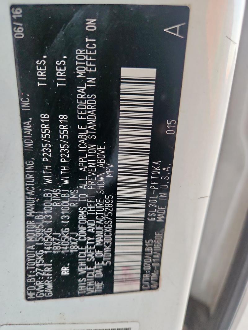 2016 TOYOTA SIENNA XLE 5TDYK3DCXGS752895