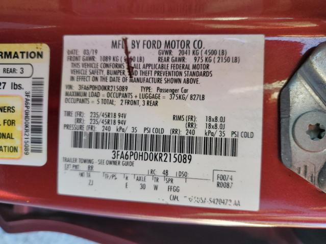 2019 FORD FUSION SE - 3FA6P0HD0KR215089