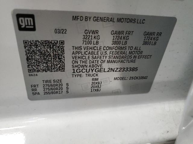 2022 CHEVROLET SILVERADO 1GCUYGEL2NZ233385