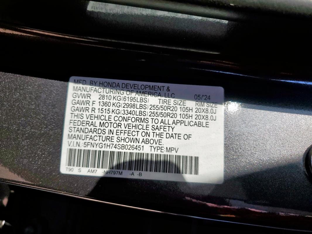 2025 HONDA PILOT TOUR 5FNYG1H74SB026451