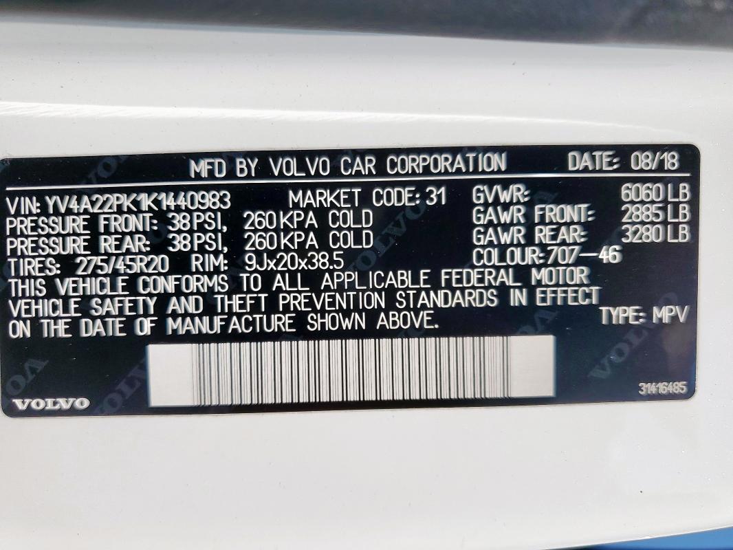 2019 VOLVO XC90 T6 MO YV4A22PK1K1440983
