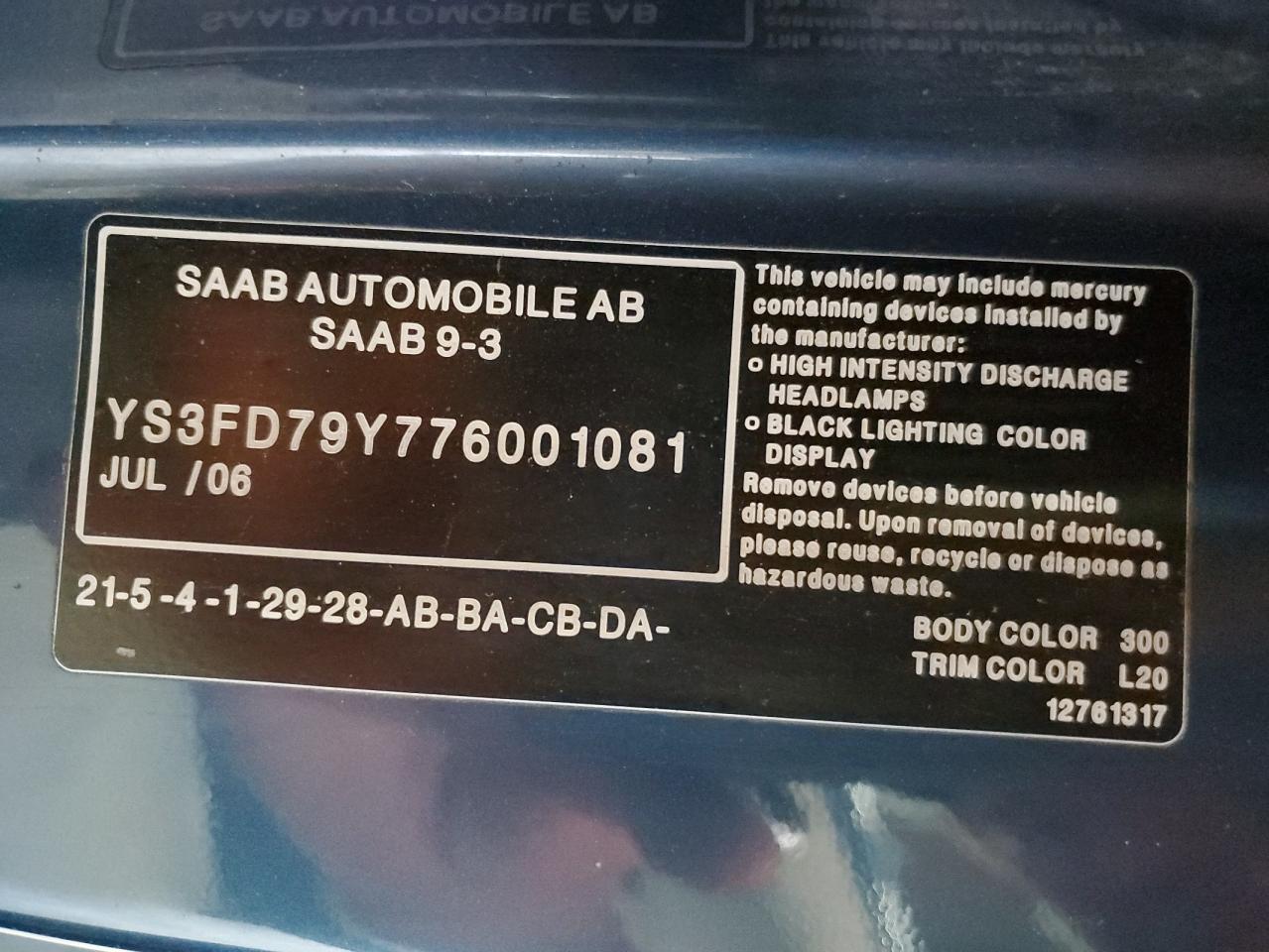 Lot #3246882461 2007 SAAB 9-3 2.0T