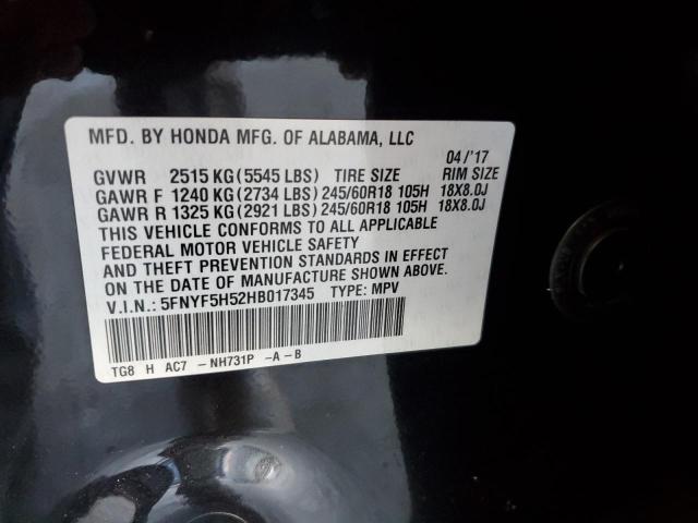 2017 HONDA PILOT EXL 5FNYF5H52HB017345