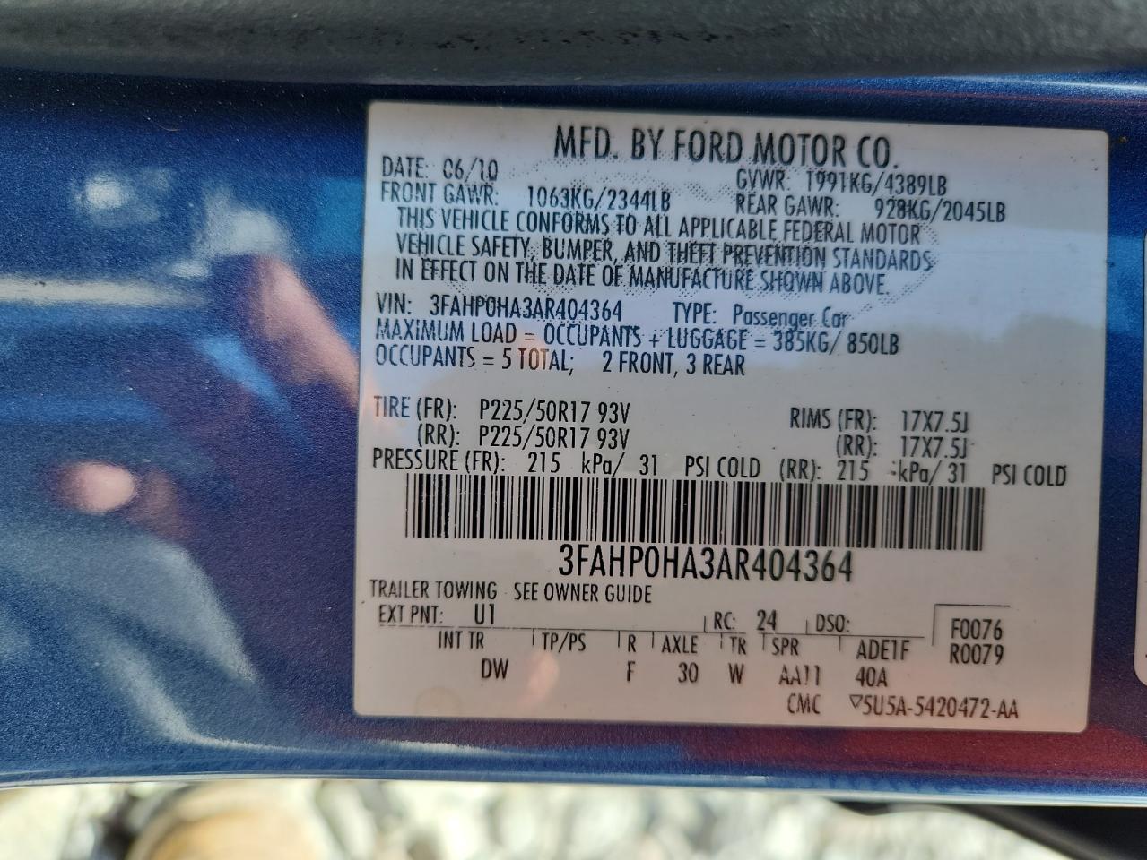 Lot #3254555009 2010 FORD FUSION SE