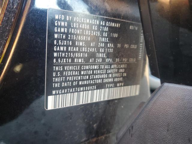 2016 VOLKSWAGEN TIGUAN S WVGAV7AX7GW598925