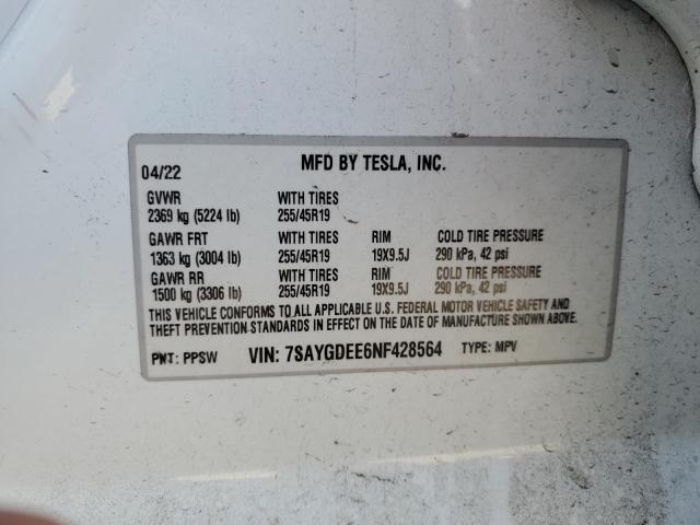 2022 TESLA MODEL Y 7SAYGDEE6NF428564