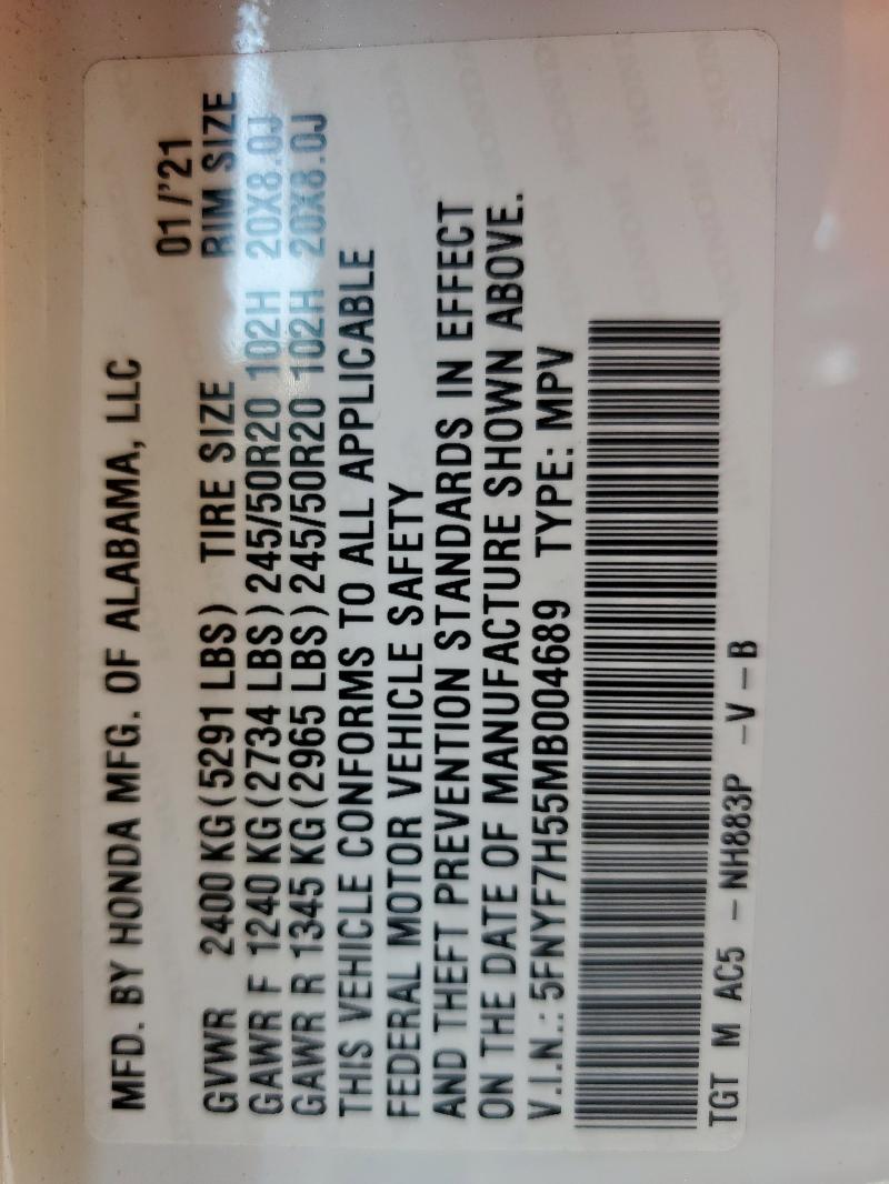 2021 HONDA PASSPORT EXL 5FNYF7H55MB004689