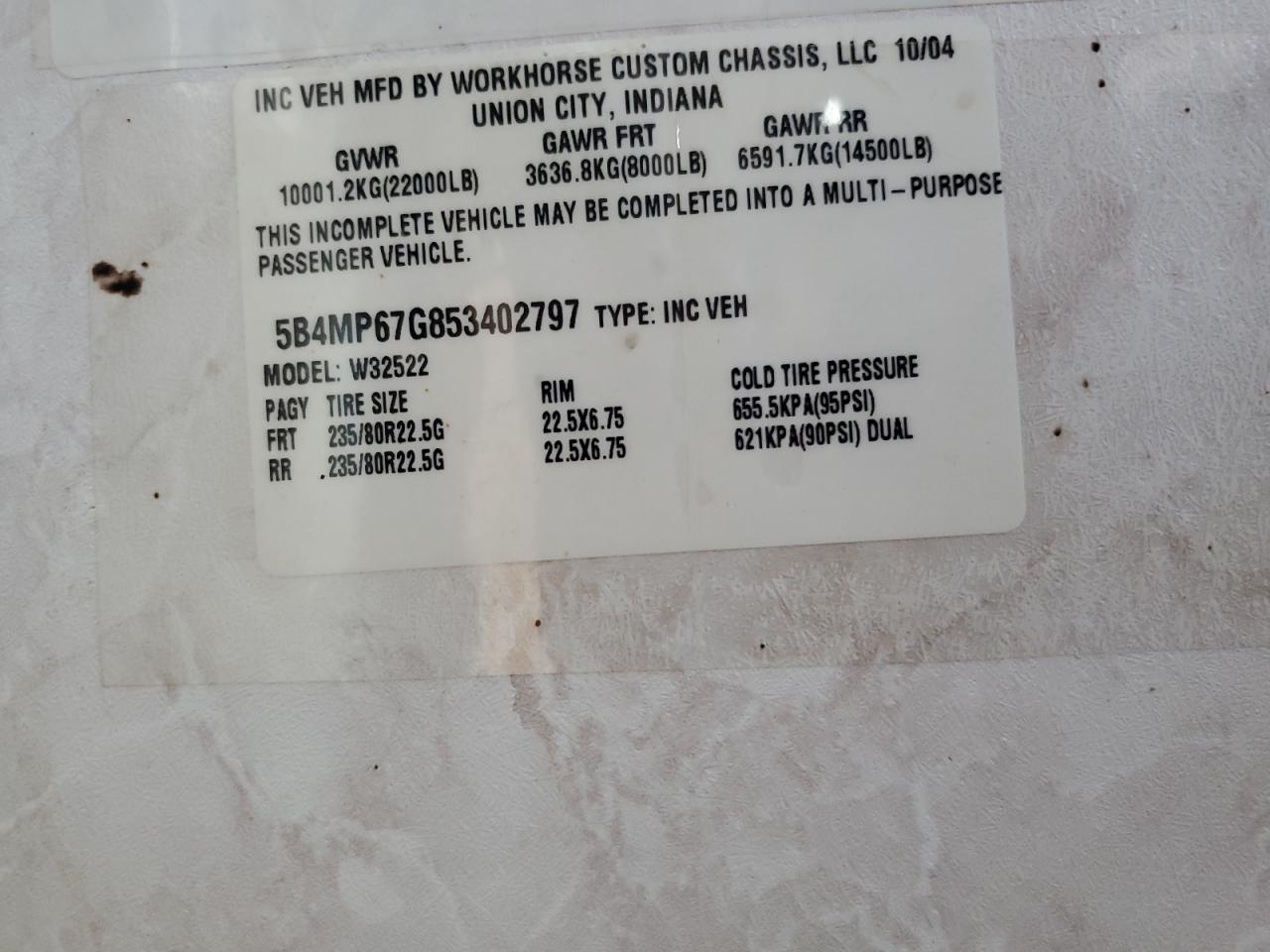 Lot #3246801856 2005 WORKHORSE CUSTOM CHASSIS MOTORHOME