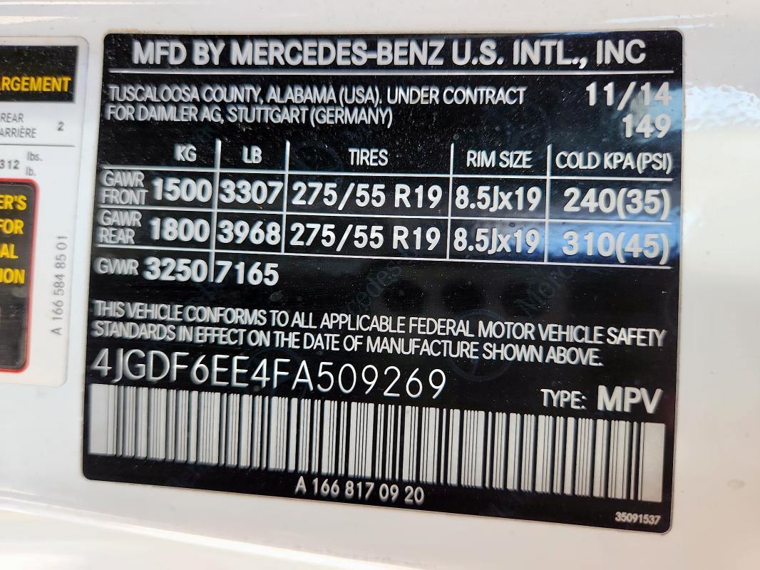 2015 MERCEDES-BENZ GL 450 4MA 4JGDF6EE4FA509269