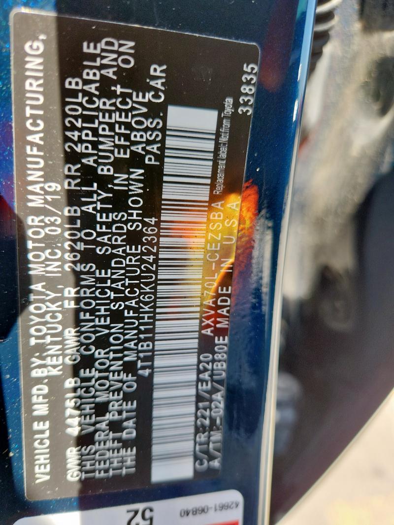 2019 TOYOTA CAMRY L 4T1B11HK6KU242364