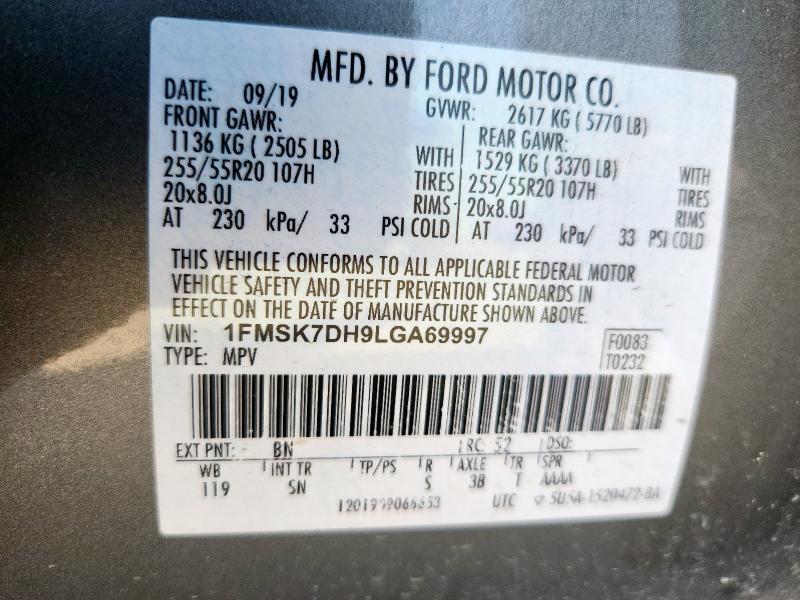 2020 FORD EXPLOR XLT 1FMSK7DH9LGA69997