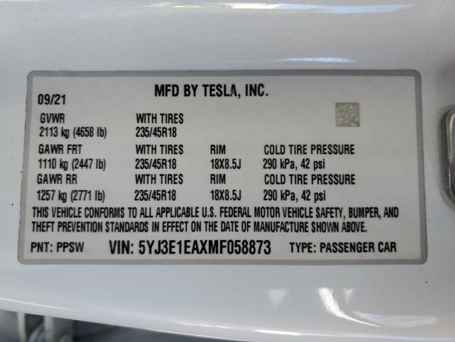 2021 TESLA MODEL 3 5YJ3E1EAXMF058873