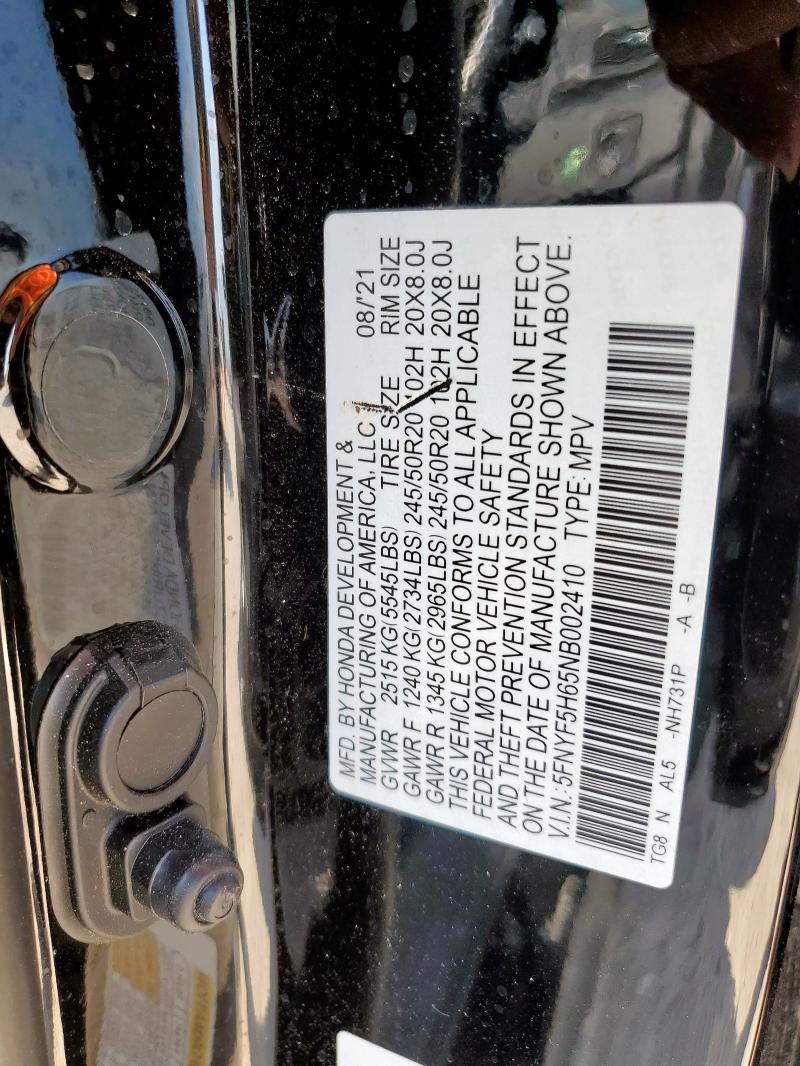 2022 HONDA PILOT TOUR 5FNYF5H65NB002410