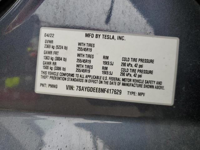 2022 TESLA MODEL Y 7SAYGDEE8NF417629