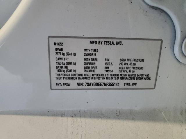 2022 TESLA MODEL Y 7SAYGDEE7NF355141