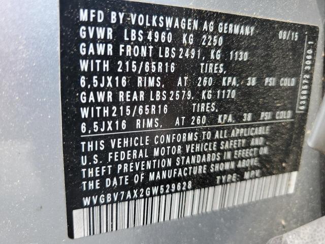 2016 VOLKSWAGEN TIGUAN S WVGBV7AX2GW529628