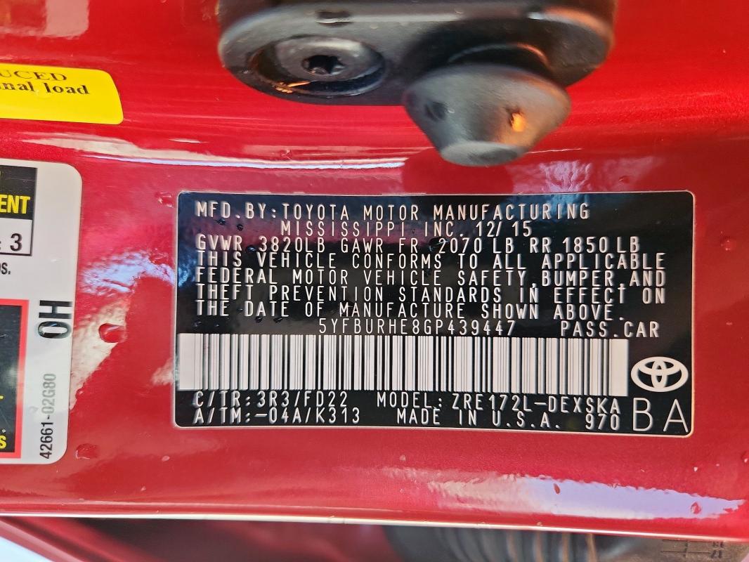 2016 TOYOTA COROLLA L - 5YFBURHE8GP439447