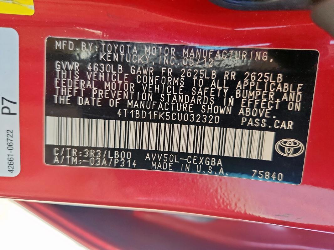2012 TOYOTA CAMRY HYBR - 4T1BD1FK5CU032320