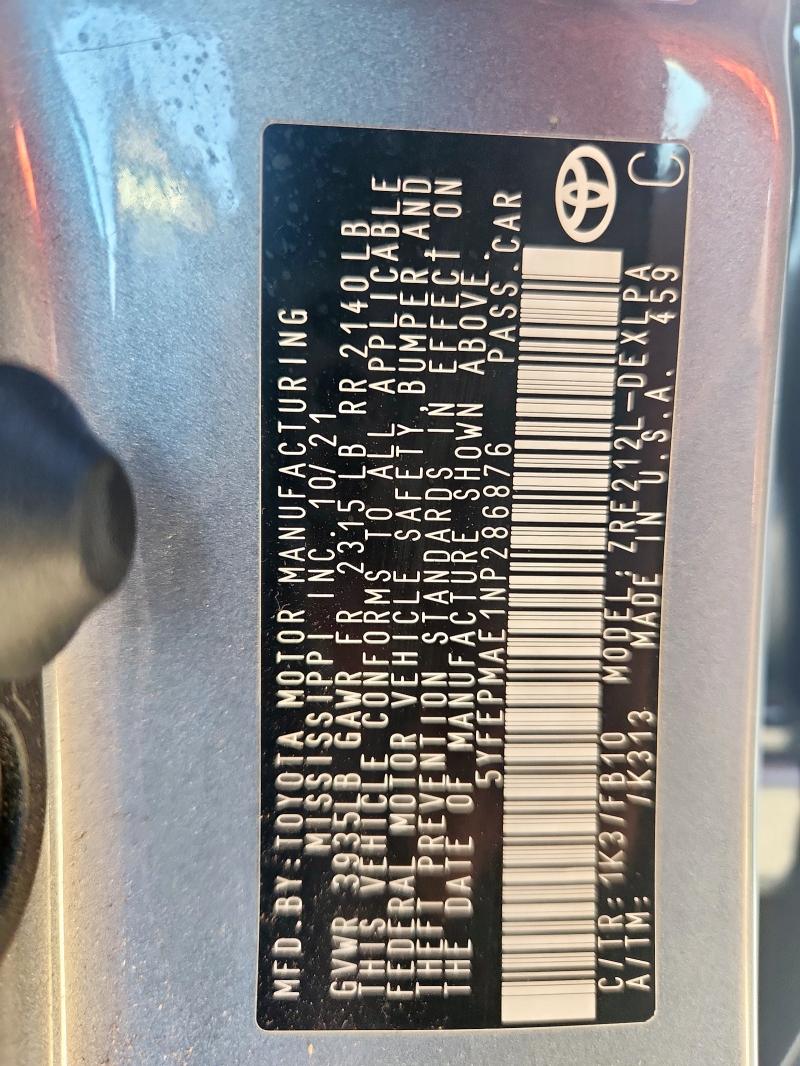 2022 TOYOTA COROLLA LE 5YFEPMAE1NP286876