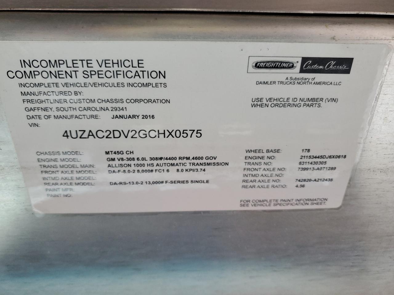 Lot #3290135270 2016 FREIGHTLINER CHASSIS M