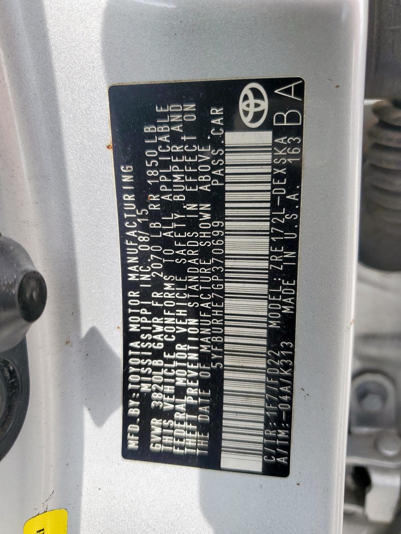 2016 TOYOTA COROLLA L - 5YFBURHE7GP370699