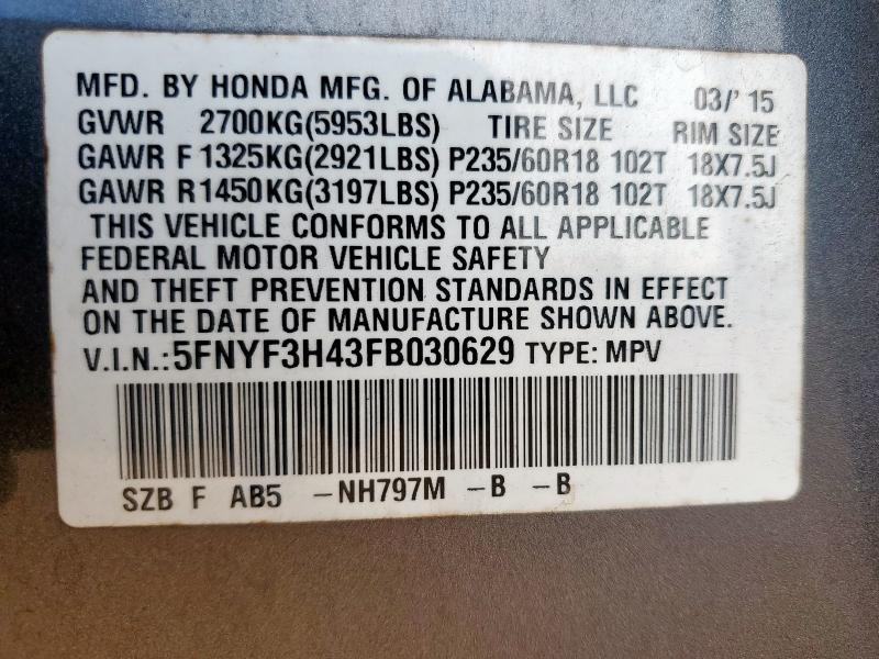 2015 HONDA PILOT EX - 5FNYF3H43FB030629