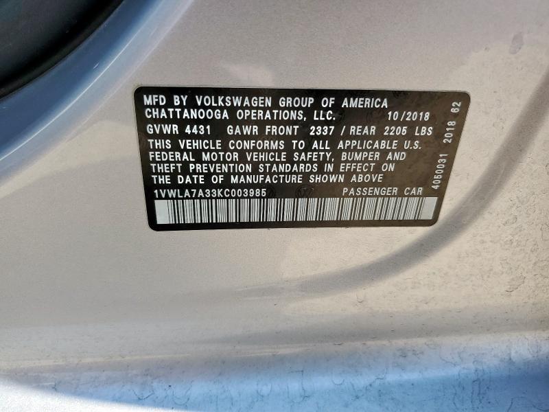 2019 VOLKSWAGEN PASSAT WOL 1VWLA7A33KC003985