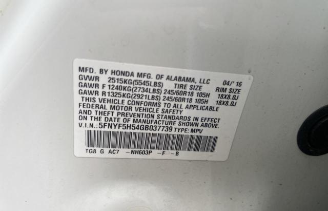 2016 HONDA PILOT EXL 5FNYF5H54GB037739