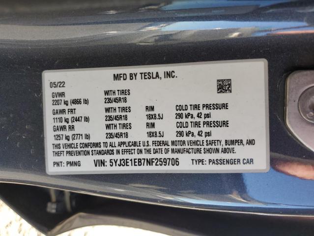 2022 TESLA MODEL 3 - 5YJ3E1EB7NF259706