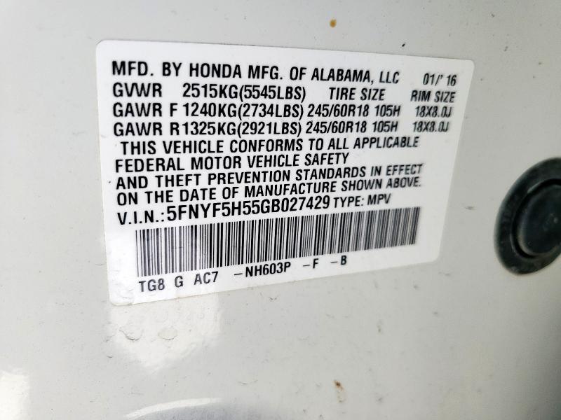 2016 HONDA PILOT EXL 5FNYF5H55GB027429