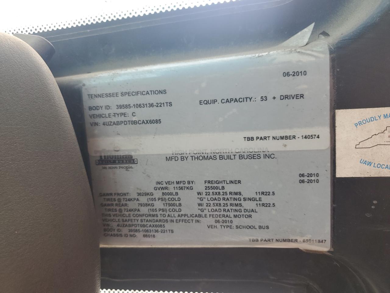 Lot #3273801367 2011 FREIGHTLINER SAF-T-LINER C2