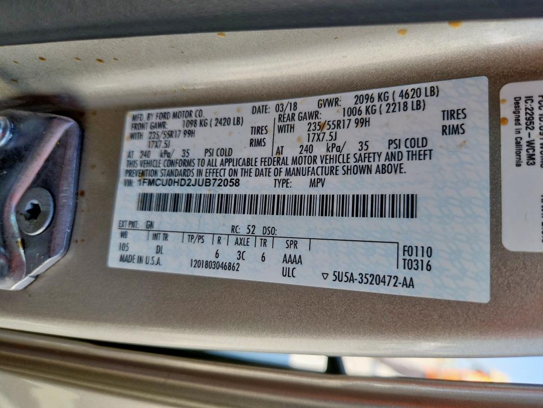 2018 FORD ESCAPE SEL - 1FMCU0HD2JUB72058