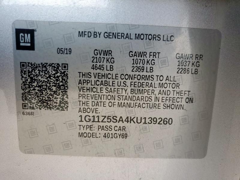 2019 CHEVROLET IMPALA LT 1G11Z5SA4KU139260