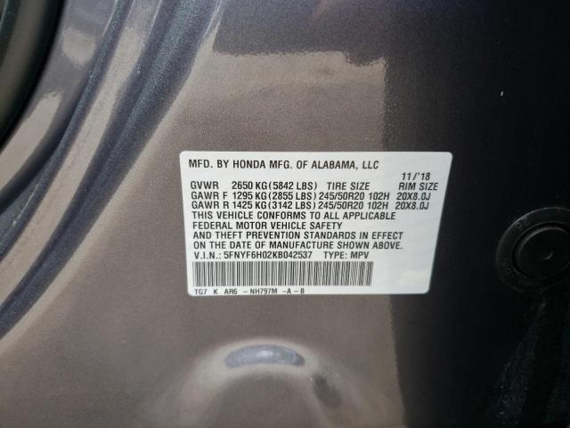 2019 HONDA PILOT ELIT 5FNYF6H02KB042537