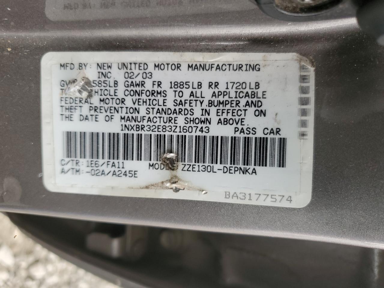 Lot #3263699724 2003 TOYOTA COROLLA SE