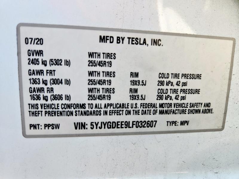 2020 TESLA MODEL Y 5YJYGDEE9LF032607