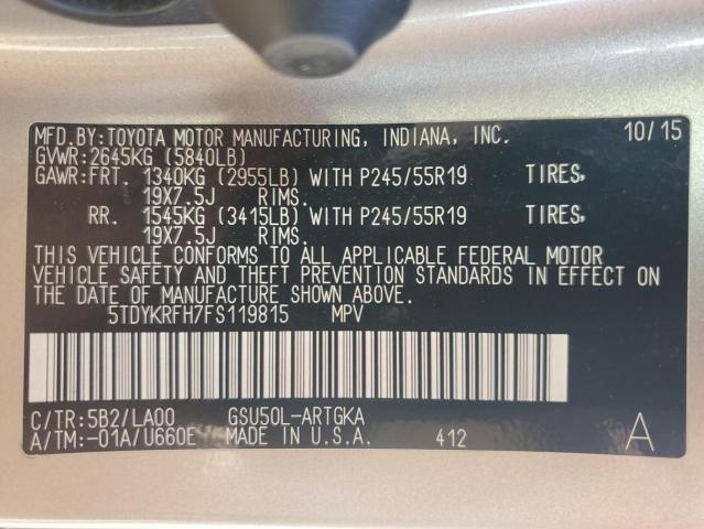 2015 TOYOTA HIGHLANDER LIMITED 5TDYKRFH7FS119815