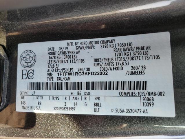 2019 FORD F150 RAPTO - 1FTFW1RG3KFD22002