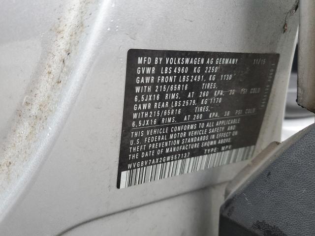 2016 VOLKSWAGEN TIGUAN S WVGBV7AX2GW557137