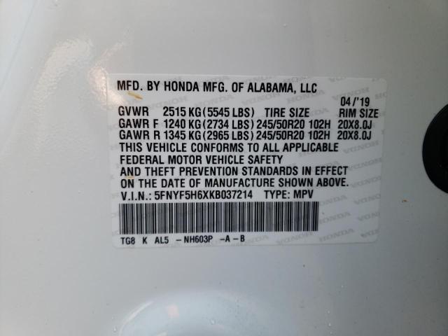 2019 HONDA PILOT TOUR 5FNYF5H6XKB037214
