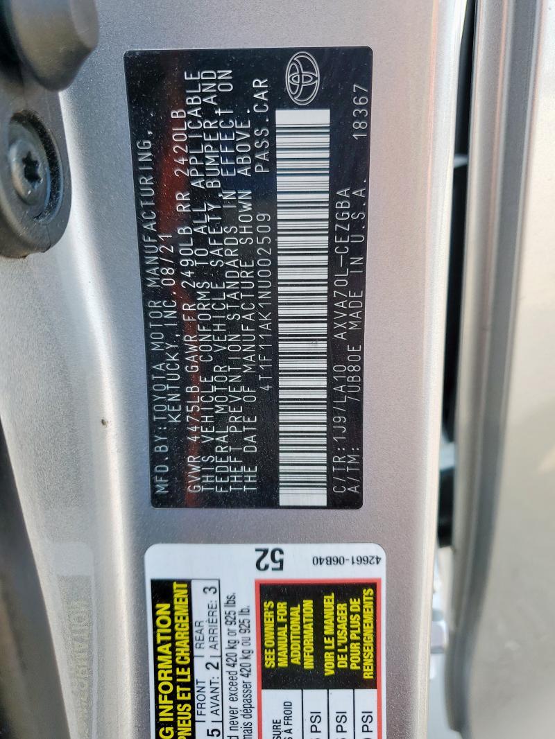 2022 TOYOTA CAMRY XLE 4T1F11AK1NU002509