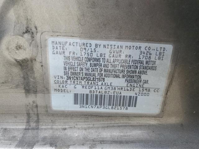 2016 NISSAN VERSA S 3N1CN7AP3GL821578