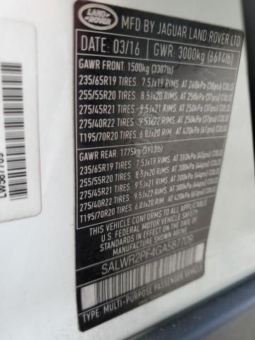 2016 LAND ROVER RANGE ROVE SALWR2PF4GA587709