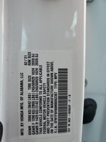 2021 HONDA PILOT TOUR 5FNYF6H98MB062387