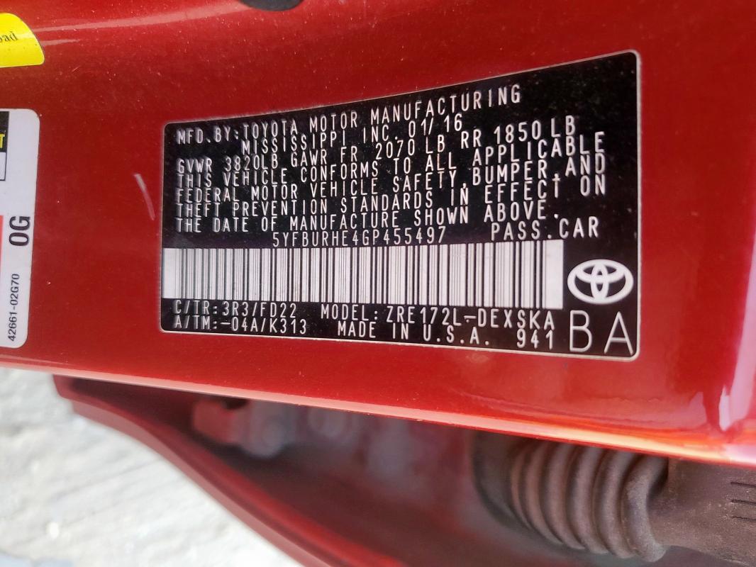 2016 TOYOTA COROLLA L - 5YFBURHE4GP455497
