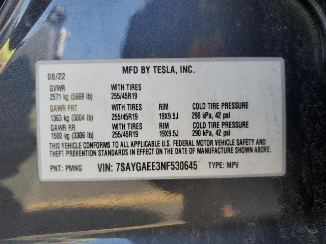 2022 TESLA MODEL Y 7SAYGAEE3NF530645
