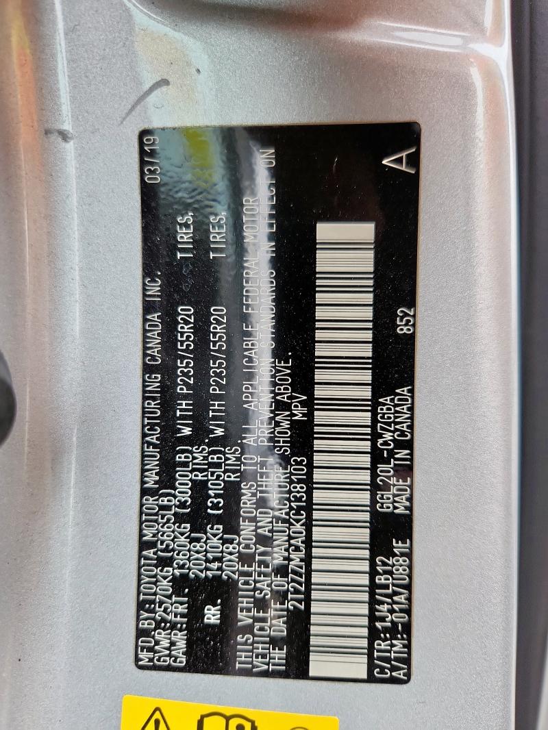 2019 LEXUS RX 350 2T2ZZMCA0KC138103