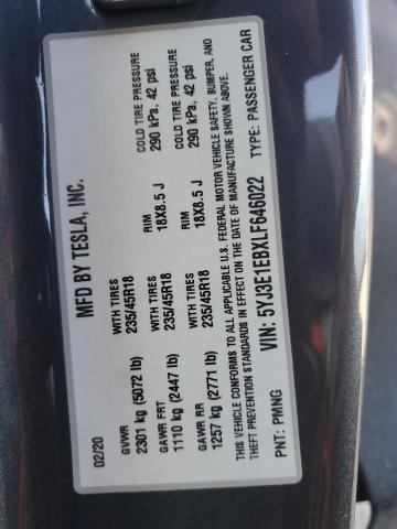 2020 TESLA MODEL 3 5YJ3E1EBXLF646022