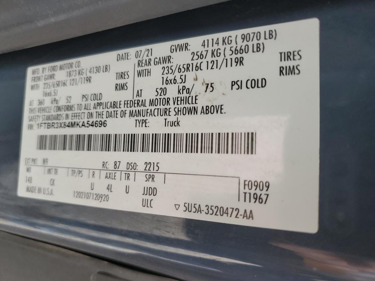 Lot #3308287156 2021 FORD TRANSIT T-250